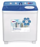 Washing Machine in Blue and White color with gulf fan logo mentioned on the front side.